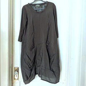 Redwood Court Lagenlook Asymmetric Gather Hem Midi Dress Silk Rayon Olive Size M